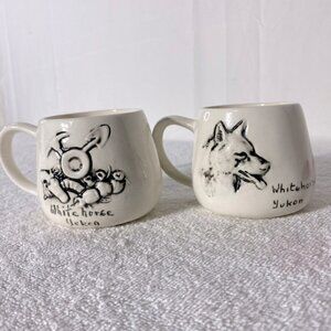 Vintage Handmade Cream Ceramic Whitehorse Yukon Mining Wolf Mugs x2